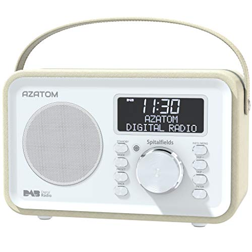 Spitalfields Retro DAB/DAB+ Digital FM Portable Radio/Alarm Clock/Leather Effect Finish/Mains Powered/Rechargable Battery/Subwoofer/Premium Stereo Sound (White)