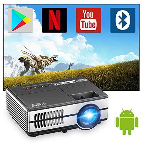 Bluetooth Projector Outdoor Home Cinema 1080P, Mini WIFI Projector Wireless iPhone Mirroring,Portable Projector with Android 7.1 OS Built-in Speaker HDMI USB VGA for PC/DVD/Game Pad