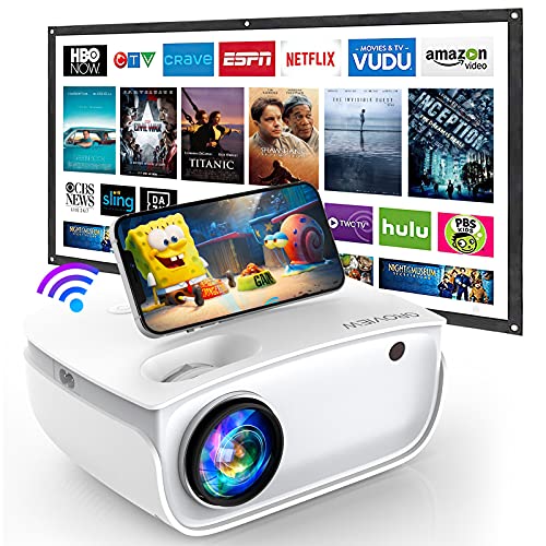 WiFi Projector, GROVIEW 6500L Mini Video Projector with Screen, 240''Display, Full HD 1080P Supported, Synchronize Smartphone Screen by WiFi/USB Cable for Home Movie, Compatible with TV Stick,HDMI,USB