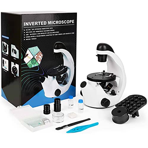 Inverted Microscope 40X - 320X, Monocular Compound Microscope with LED Light & Sample Kit, Optical Microscope with Organic Slices & Phone Holder - Laboratory, School
