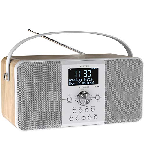 AZATOM Multiplex D2 DAB+ FM Digital Radio & Alarm Clock - Bluetooth 5.0 - Stereo Speaker - Twin Alarms - Massive Rechargeable Battery - USB Mobile Phone Charging - Premium Sound (Oak)