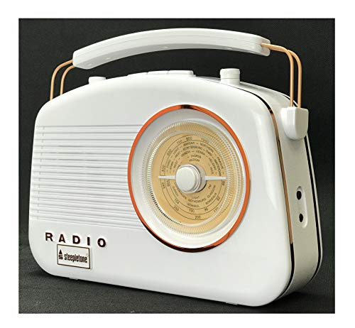 Steepletone Brighton Radio Mk2 Shabby Chic Nostalgic Retro AM, LW, MW, FM Rotary Radio, 1950's Style, Mains Electric, Battery Powered. Mobile Smart Phone Music Playback (Mains Lead Inc) White, Copper
