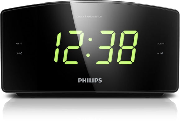 Philips AJ3400 Wake-Up Alarm Clock with Radio for Bedside or Kitchen, Big Display, Dual Alarm, Brightness Setup, Battery Back-Up