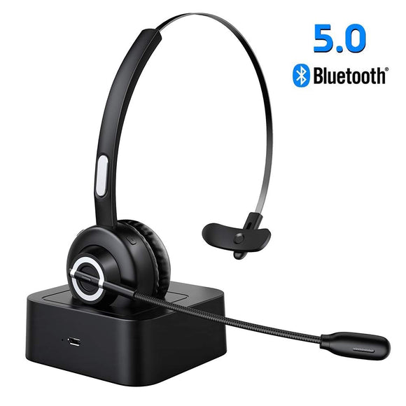 ESOLOM Bluetooth Headset V5.0, Office Wireless Headset Handsfree Car Bluetooth Headphone with Noise Cancelling Mic & Charging dock Base 17H Talking Time for Cell Phone, Skype,Truck Driver, Call Center