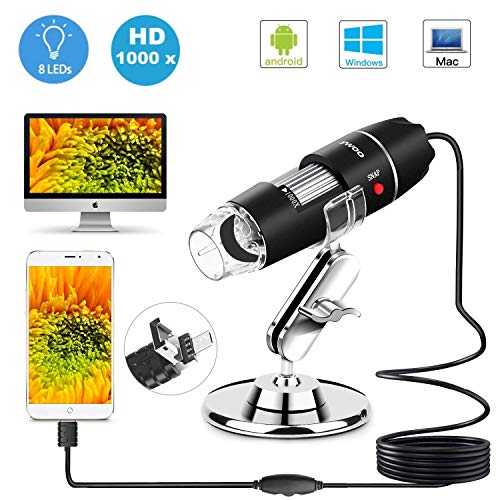 DigiHero USB Microscope,1000x Zoom 1080p Digital Mini Microscope Camera with OTG Adapter and Adjustable Stand, Compatible for Android,Mac,Window,Linux