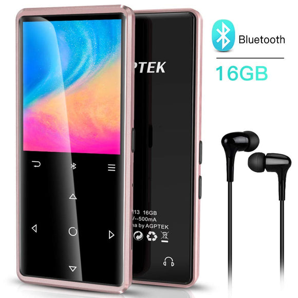 AGPTEK 16GB Bluetooth Mp3 Player, Metal HiFi Music Player with Touch Button, FM Radio, Voice Recorder, Video, Expandable up to 128GB, Pink Gold (Headphone Included)
