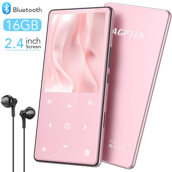 AGPTEK Bluetooth 16GB MP3 Player with 2.4 inch Screen and Built-in Speaker, Portable Lossless Digital Audio Player Supports FM Radio, Recordings, Alarm Clock, up to 128GB, Rose Gold