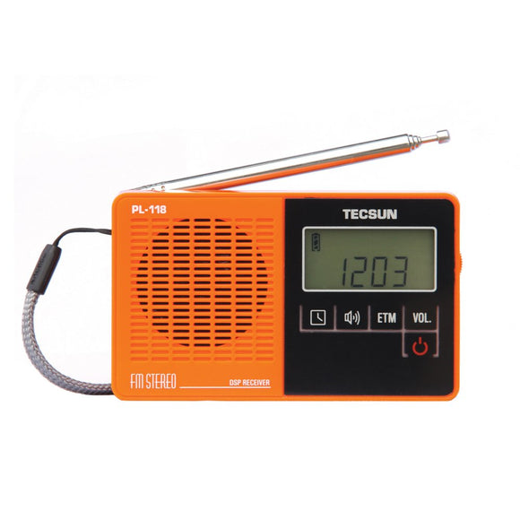 TECSUN PL-118 Ultra-Light Mini Pocket Size Portable Digital Radio FM Stereo DSP ETM Alarm Clock (Orange)