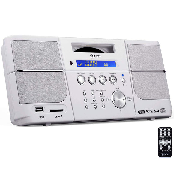 Dpnao Portable CD Player Compact with Clock Alarm FM Radio Headphone Jack Remote Control for Playing MP3 CDs/Phones/MP3 players/USB Flash Drive/SD Card - Silver
