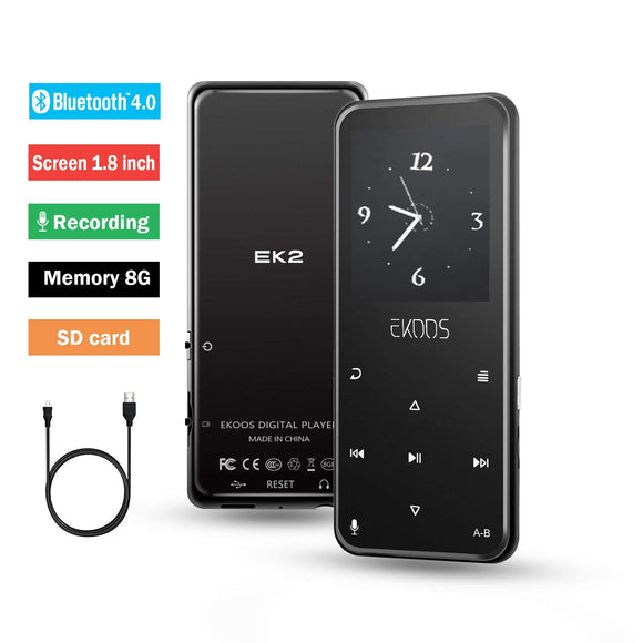 EKOOS 8GB Bluetooth MP3 Media Digital MP4 Video Player,1.8 TFT screen/lossless sound audio/touch button metal body/FM radio&voice/recorder/pedometer,55h music-playing/16h video-playing for sports.