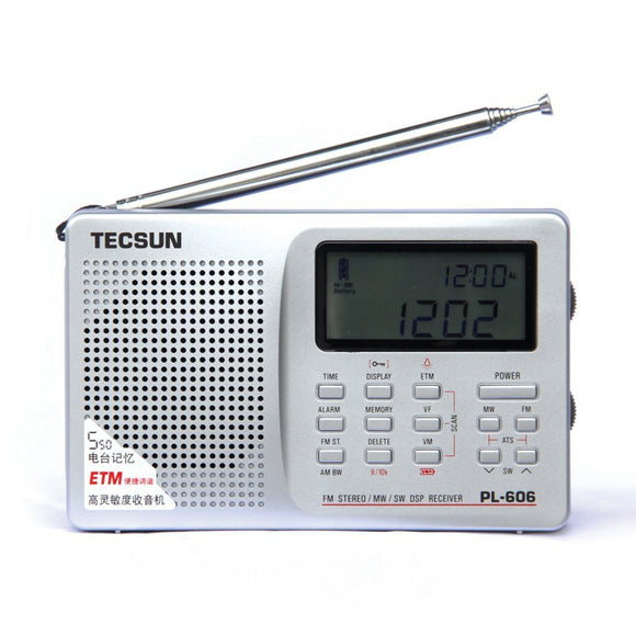 Tecsun PL-606 Digital PLL Portable Radio FM Stereo/LW/SW/MW DSP Shortwave Radio with Alarm Clock and External Antenna Silver (606-S)