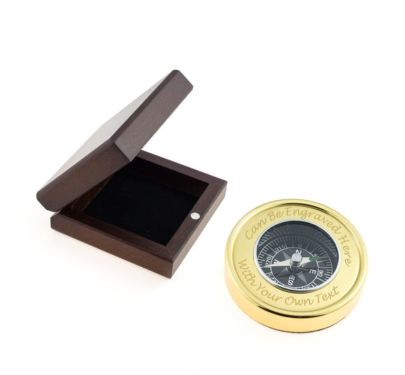 Personalised Brass Compass in Wooden Box - Engraved - Enter Your Custom Text.