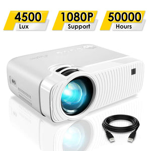 ELEPHAS Projector, GC333 Portable Projector with 4500 Lux and Full HD 1080p, 180" Display and 50000 Hours Lamp Life LED Video Projector, Compatible with USB/HD/Sd/Av/VGA for Home Theater, White