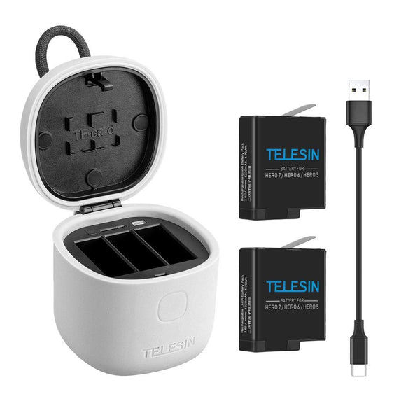 TELESIN allin box charger for gopro，gopro Multifunction Battery Kit，3-Channel LED USB Charger，Storage + charging + SD Card reader，for GoPro Hero 7 Black/Hero 2018/Hero 6/5 (Charger+2pcs Batteries)
