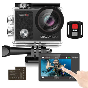 Dragon Touch Touch Screen Action Camera, 4K 16MP Underwater 100ft Waterproof Camera, 2 Rechargeable Batteries and Mounting Accessories Kit - Vision 3 Pro