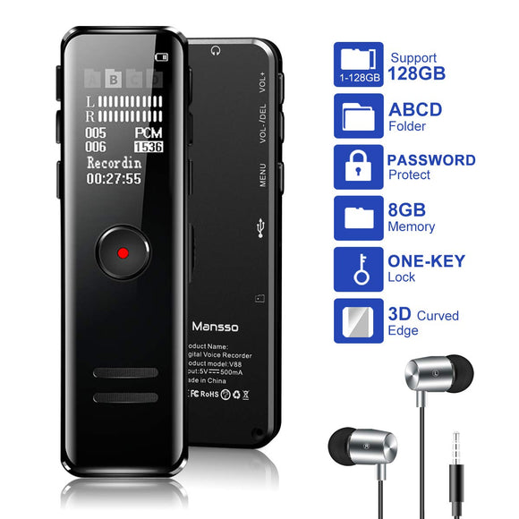 Digital Voice Recorder, USB Audio Dictaphone 8GB Rechargeable MP3 Player Support 1-128GB Expansion Music Dictation Machine Microphone Professional Pocket Recording Mac Compatible Lectures Meetings
