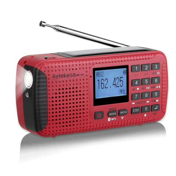 Retekess HR11W Wind Up Solar Radio Emergency NOAA Hand Crank Radio AM/FM Dynamo Radio with Flashlight SOS Light Bluetooth for Household Emergency and Outdoor Survival（Red）