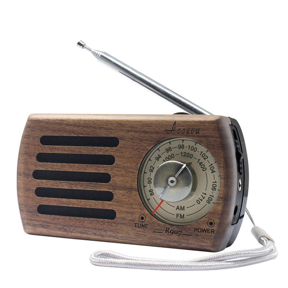 Retro Portable Small Radio AM FM, Vintage Mini Pocket Walnut Wood Battery Operated Classic Speaker, Telescopic Antenna with MW/LW Band Receiver, Headphone Jack for Walking, Jogging, Travelling