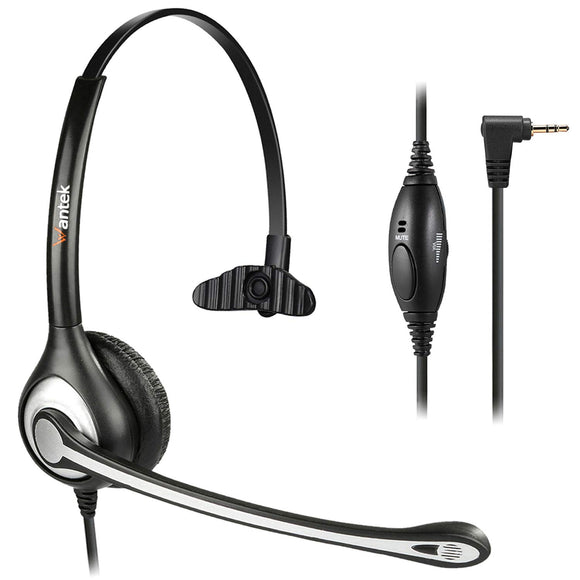 Wantek Wired 2.5mm Headset Mono with Noise Cancelling Mic + Volume Mute Control for Telephone Panasonic Grandstream Polycom Gigaset Cisco Linksys SPA Zultys Office IP and Cordless Dect Phones(600J25M)
