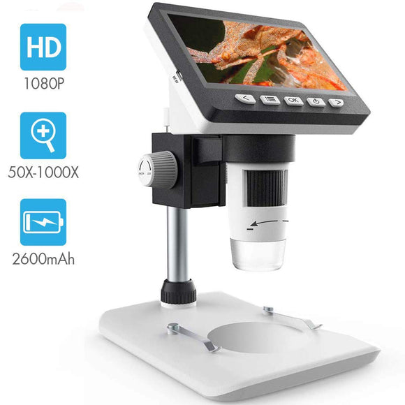 LCD Digital Microscope, SKYBASIC 4.3 inch 50X-1000X Magnification Zoom HD 1080P 2 Megapixels Compound 2600 mAh Battery USB Microscope 8 Adjustable LED Light Video Camera Microscope with 8G TF Card