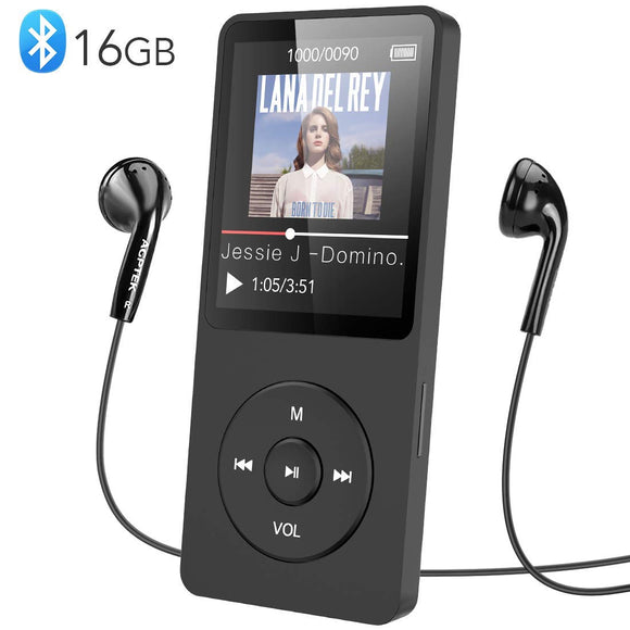 Bluetooth MP3 Player 16GB, 40Hrs Play Time, Potable Digital Audio Player Hi-Fi Lossless Sound Quality MP3 Music Player with FM Recording Video, Up to 128GB, AGPTEK A02ST Black