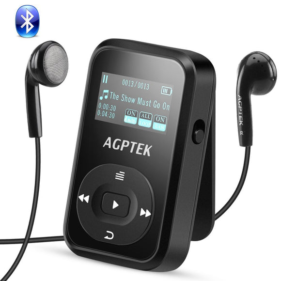 AGPTEK Bluetooth MP3 Player 8GB Clip Sport Portable Lossless Sound Hi-Fi Music Player With Headphone Sweat-proof Silicone Case Armband FM Radio Voice Recorder, Support up 128GB