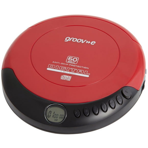 Groov-e Retro Personal CD Player with 20 Track Programmable Memory, LCD Display, Anti-Skip Protection and Earphones Included - Red