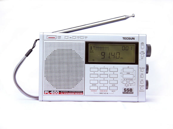 TECSUN PL-600 Clock Radio Portable Digital Tuning Full-Band FM Stereo / MW / SW-SBB / PLL Synthesized Dual Conversation Receiver Shortwave Radio British Standard 6V DC Power Supply Silver