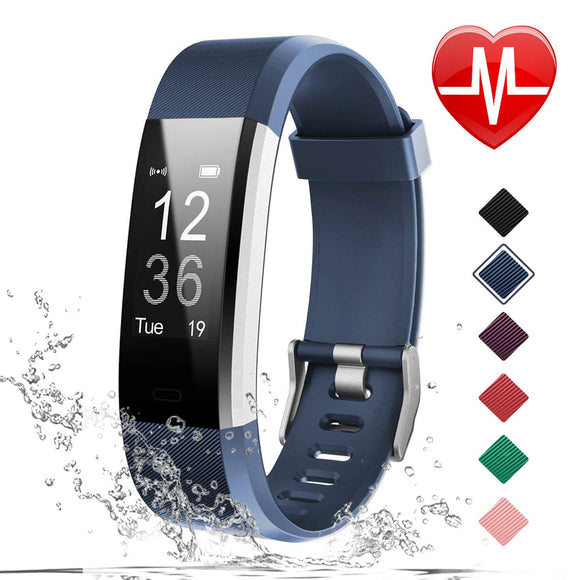 LETSCOM ID115Plus HR  Blue Fitness Tracker HR, Activity Tracker Watch with Heart Rate Monitor, Waterproof Smart Bracelet with Step Counter, Calorie Counter, Pedometer Watch for Kids Women and Men