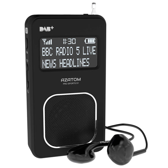 AZATOM Pro Sports S1 DAB Digital Portable FM Radio DAB DAB+ & FM - Built-in Rechargable Battery (Upto 20 Hours Playtime) - Compact - Built-in Speaker - Earphones included (Black)