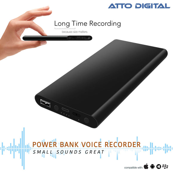 Voice Activated Recorder - Great Battery Life | 14 Days Continuous Record | 5000mAh - Power Bank Phone Charger Function - USB Flash Drive - 8 GB Capacity | poweREC by aTTo Digital