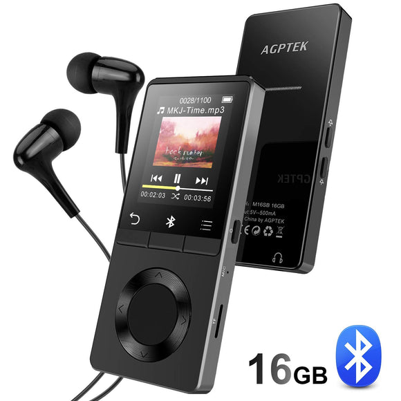 AGPTEK Bluetooth MP3 Player 16GB with Speaker, Metal HIFI Lossless Sound MP3 Player Music Player 1.8Inch TFT Screen, Shortcut Button for Bluetooth FM Radio Recording with Headphones, Black