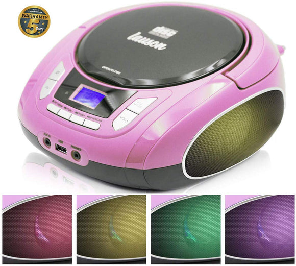 Lauson NXT765 Portable CD Player Multicolor LED Digital FM Radio, LCD Screen | USB Reader to Play MP3 Music | CD Player with Headphone Output & Speakers (Pink)