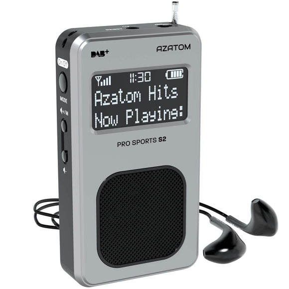 AZATOM Pro Sports S2 DAB Digital Portable FM Radio DAB DAB+ & FM - Built-in Rechargable Battery (Upto 20 Hours Playtime) - Compact - Built-in Speaker - Earphones included (Silver)