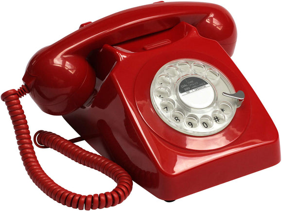 GPO 746 Rotary 1970s-style Retro Landline Phone - Curly Cord, Authentic Bell Ring - Red
