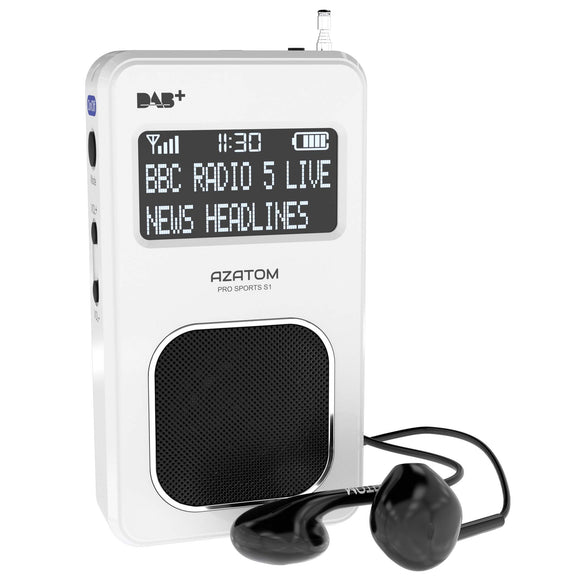 AZATOM Pro Sports S1 DAB Digital Portable FM Radio DAB DAB+ & FM - Built-in Rechargable Battery (Upto 20 Hours Playtime) - Compact - Built-in Speaker - Earphones included (White)