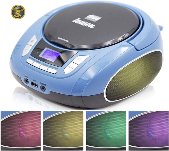 Lauson NXT763 Portable CD Player Multicolor LED Digital FM Radio, LCD Screen | USB Reader to Play MP3 Music | CD Player with Headphone Output and Speakers (Blue)