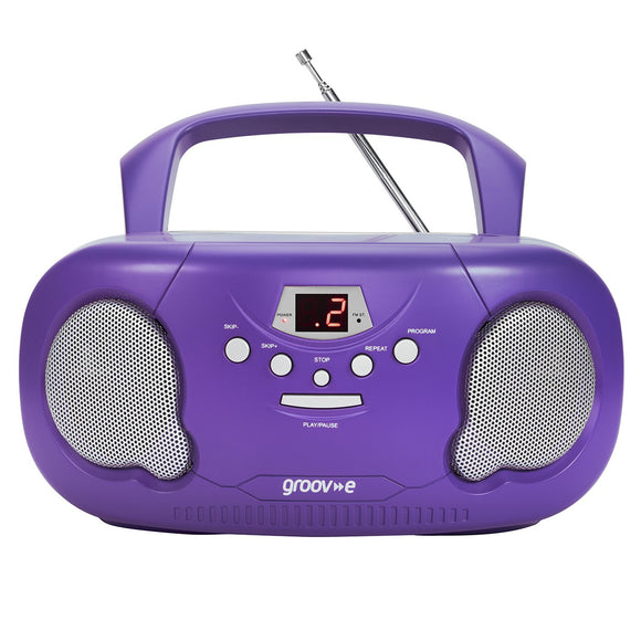 Groov-e Portable CD Player Boombox with AM/FM Radio, 3.5mm AUX Input, Headphone Jack, LED Display - Purple