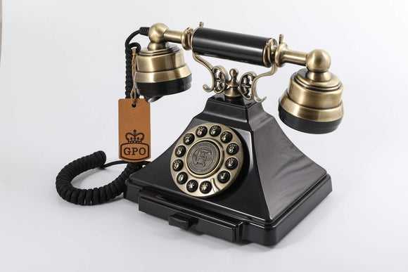 GPO Duke Nostalgic Vintage Push-Button Phone - Cloth Cord, Authentic Bell Tone - Black & Bronze