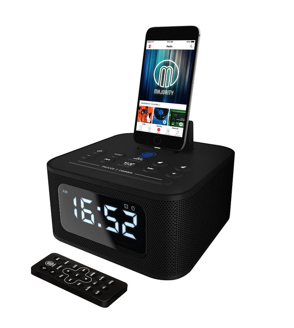 MAJORITY Neptune Speaker 20W Docking Station Bluetooth Alarm Clock FM Radio Lightning Dock for iPhone 5 5S 5C 6 6+ 6S 7 7+ 8 8+ X XR XS, iPad Air Mini iPod (Black)