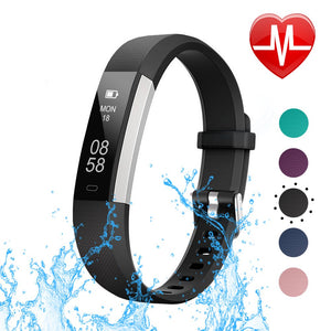 LETSCOM ID115U HR Black Fitness Tracker with Heart Rate Monitor, Slim Sports Activity Tracker Watch, Waterproof Pedometer Watch with Sleep Monitor, Step Tracker for Kids, Women, and Men