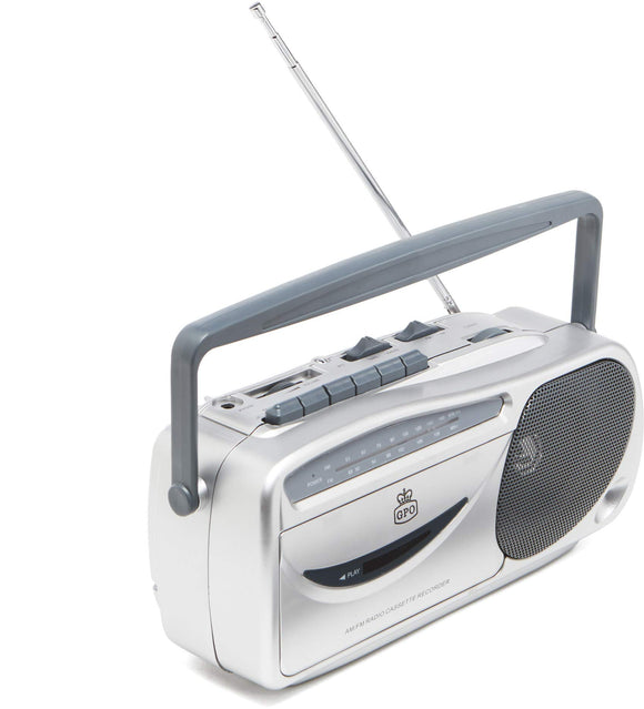 GPO 9401 Retro Portable AM/FM Radio and Cassette Player - Headphone, Microphone Sockets - Silver