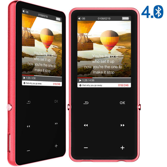 16GB MP3 MP4 Players with Bluetooth 4.0, Hi Res Digital Audio Players 2.4Inch HD TFT Screen, Portable HIFI Music Players with Speakers, FM Radio, Aluminum Alloy Shell, Expandable to 128GB Black+red