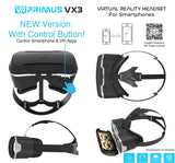 vr primus® VX3 VR headset, compatible with mobile phones up to 5.8″ e.g. iPhone SE 6 6s 7 8 X XS, Samsung Galaxy S6 S7 S8 S9, Huawei p9 p10 p20, LG G6, HTC, Pixel, Sony. With Google Cardboard Apps.