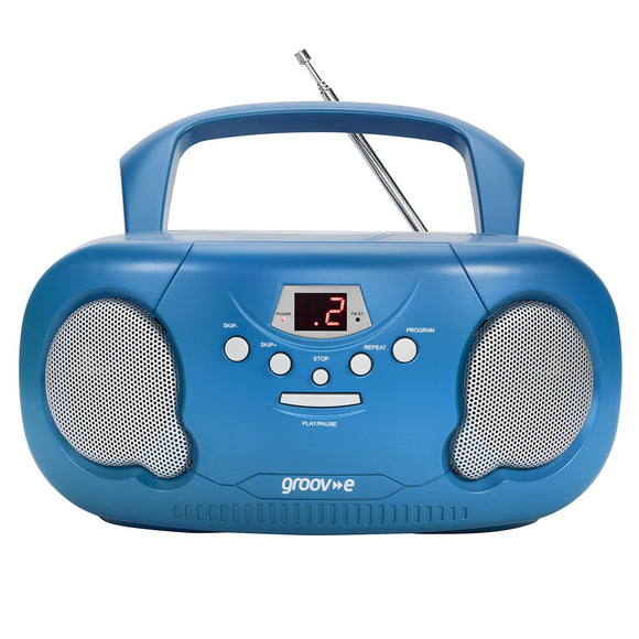 Groov-e Portable CD Player Boombox with AM/FM Radio, 3.5mm AUX Input, Headphone Jack, LED Display - Blue