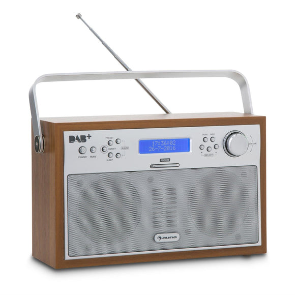 AUNA Accord - Digital Radio, Portable Radio, Clock Radio, Retro Design, DAB + / PLL FM Tuner, Dimmable LCD Display, RDS, 20 Station, Brown