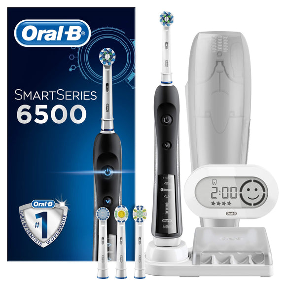 Oral-B SmartSeries Black 6500 CrossAction Electric Toothbrush, 1 Black App Connected Handle, 5 Cleaning Modes with Whitening and Gum Care, Pressure Sensor, 4 Brush Heads, Travel Case, UK 2 Pin Plug