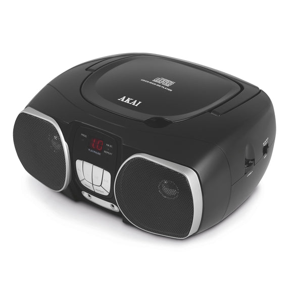 Akai CD Radio Boombox with AM/FM Radio, 2 x 1.2 W Speakers, Earphone and Aux-in Jack, LED Display, Mains or Battery Operated, Black