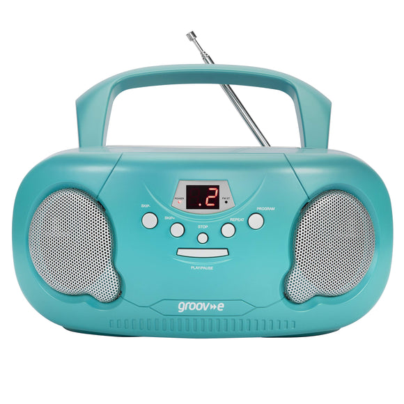 Groov-e Portable CD Player Boombox with AM/FM Radio, 3.5mm AUX Input, Headphone Jack, LED Display - Teal