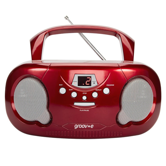 Groov-e Portable CD Player Boombox with AM/FM Radio, 3.5mm AUX Input, Headphone Jack, LED Display - Red